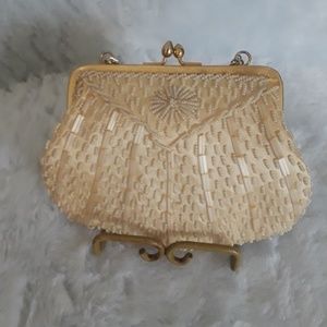 With Bonus Black /& Gold Beaded Mirrored Lipstick Case Made in Hong Kong Vintage Hand Beaded Black Clutch Purse